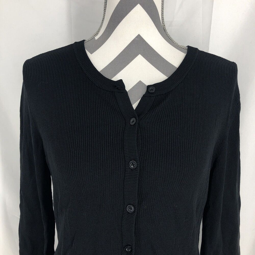 Cable & Gauge Black Round Neck Button Up Ribbed Long Sleeve Cardigan Medium